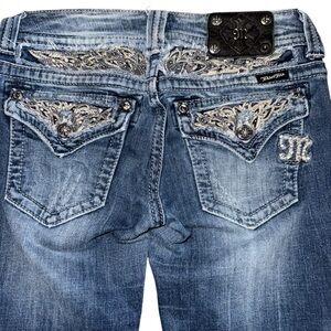 Miss Me Women’s Jeans SZ 28 Boot Fading Dark Wash Distressed Rhinestones Waist